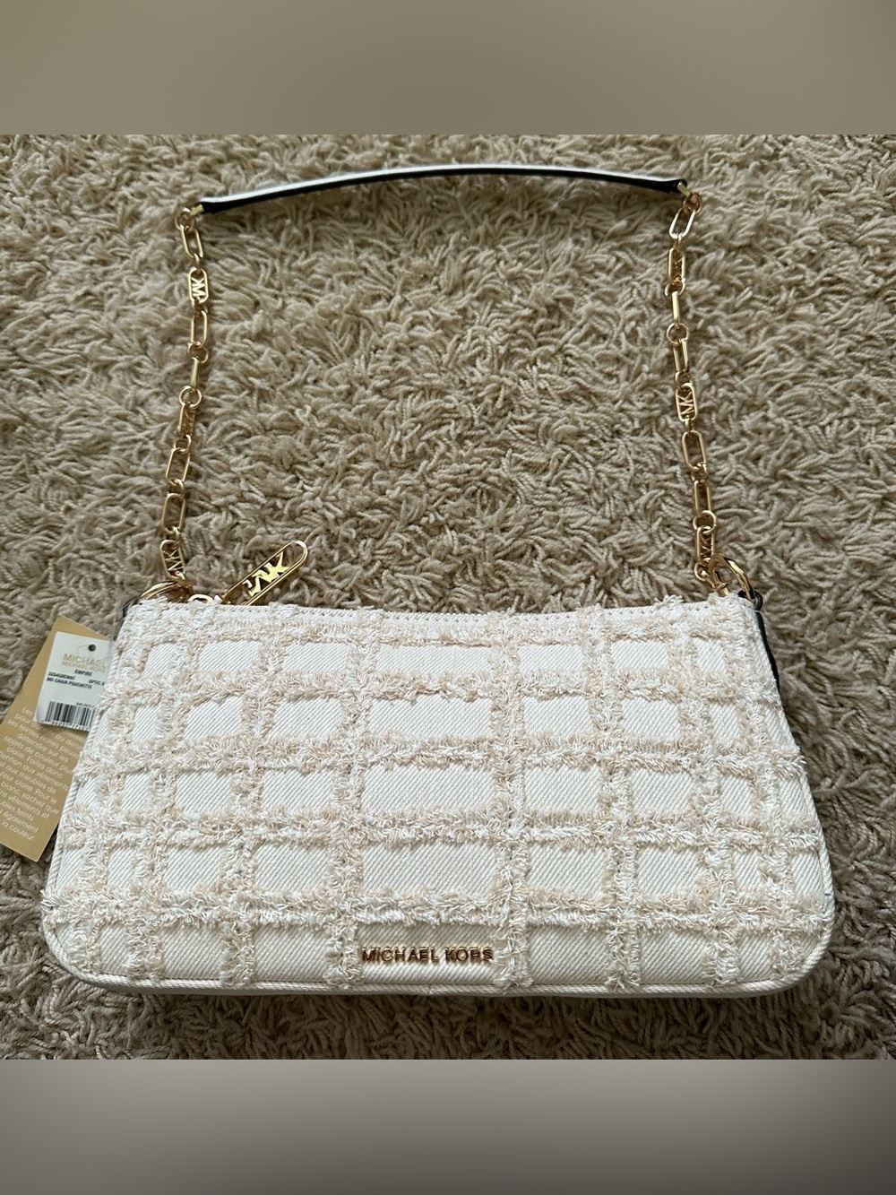 NWT MICHAEL KORS EMPIRE MEDIUM FRAYED DENIM CHAIN LINK POCHETTE
